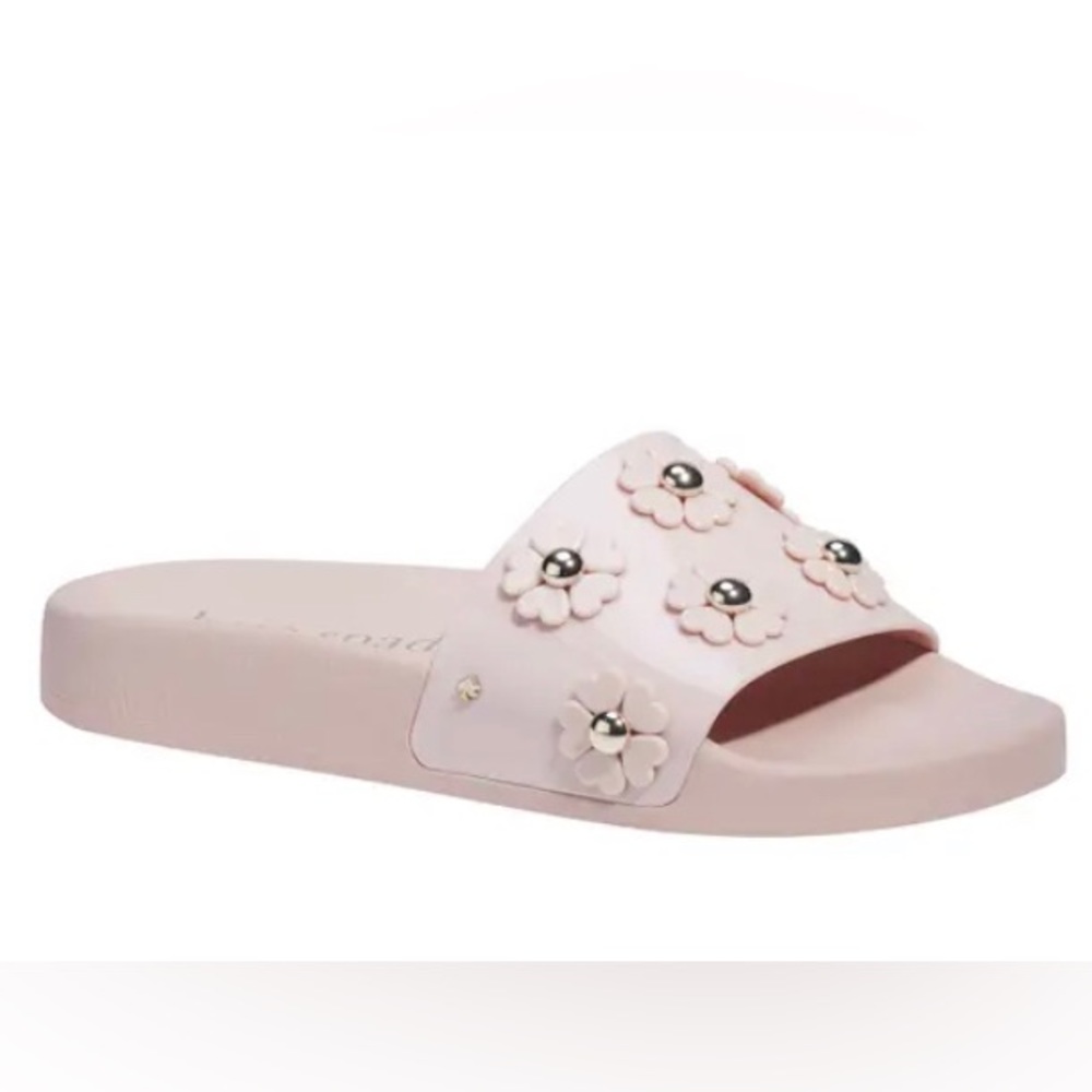 KATE SPADE SPRING FLOWER EMBELLISHED SLIDE SANDAL IN ROSE SMOKE, NIB SIZE 8
